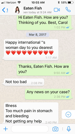 An animated GIF shows the back-and-forth texts between World report Carol Hills and Eaten Fish.